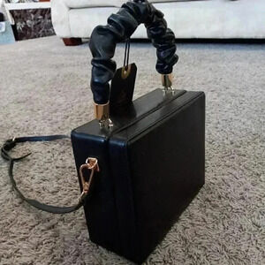 Moda Luxe Black Box Magnet Clasp Bag With Rushed Handle and Gold Accents